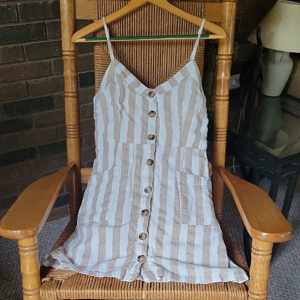Lulu's On the Pier Tan and White Striped Button Front Mini Dress, size M